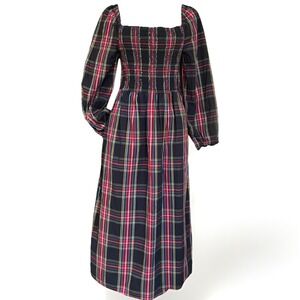 J. Crew Stewart Tartan Plaid Smocked Midi Dres Sz M Puff Sleeves Pockets Pleated